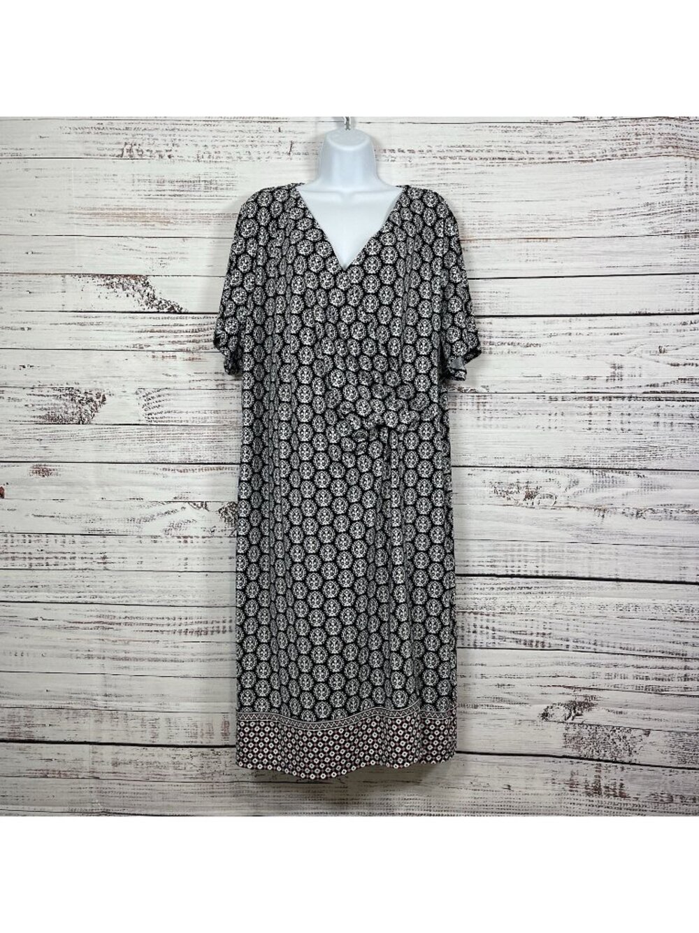 Talbots Blue Geometric Print V Neck Short Sleeve Shift Dress